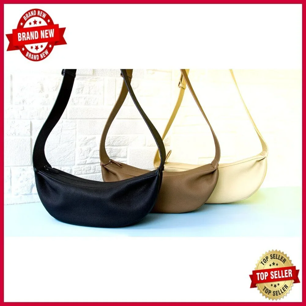 Genuine Leather Crossbody Sling Bag, Minimalist Hobo with Wide Adjustable Strap